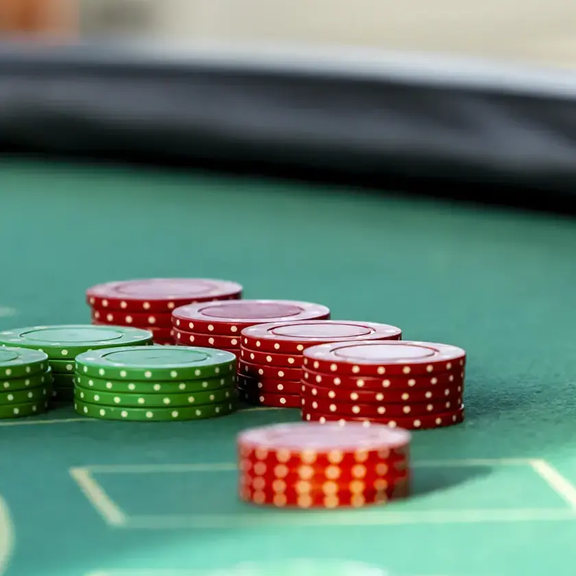 Fekete párnázott kartámasz, zöld posztó és zsetonoszlopok egy blackjack-asztalon közelről
