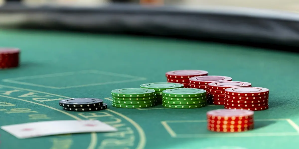 Zöld posztós blackjack-asztal nyomott ívekkel és mezőkkel, rajta zsetonoszlopok és egy kártyalap